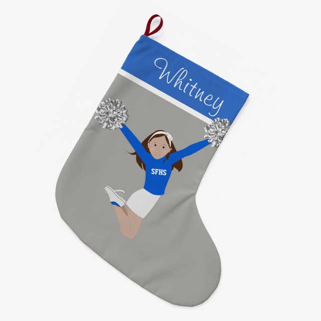 Brünetter Cheerleader in White & Blue Großer Weihnachtsstrumpf (Vorderansicht (hängend))