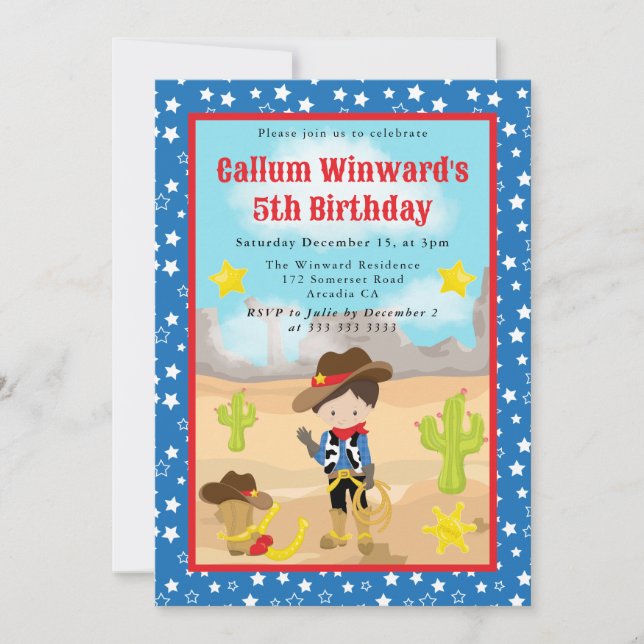 Brünetter Cowboy-Western-Kindergeburtstag Einladung (Vorderseite)