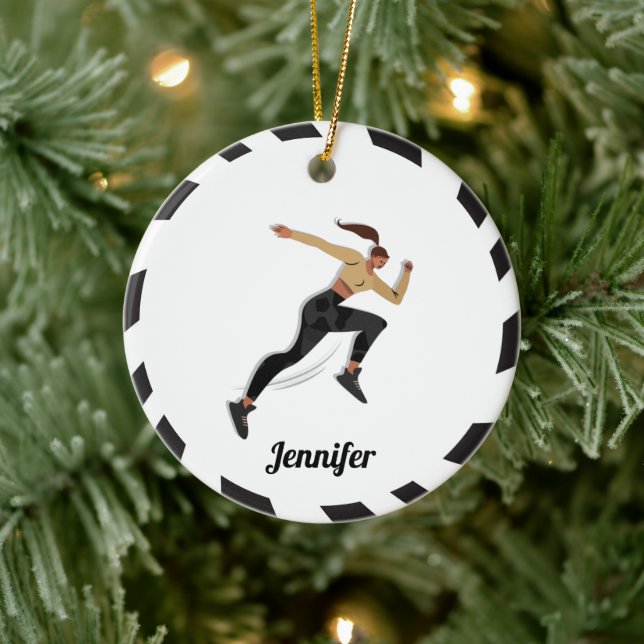 Brünetter Girl Runner Cross Country & Kid-Name Keramik Ornament (Baum)