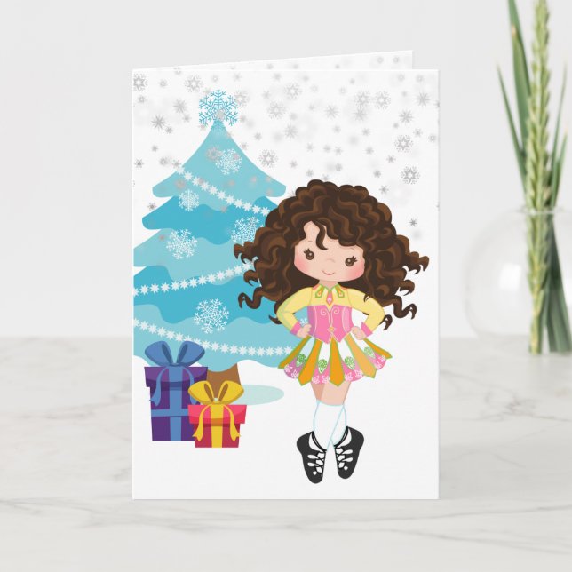 Brünetter Irish Dancer Winter Weihnachtsfeiertag Karte (Vorderseite)