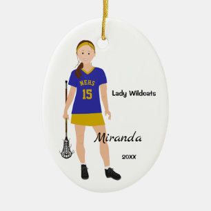 Brünetter Lacrosse-Player für Frauen in Blau und Keramik Ornament