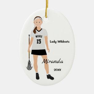 Brünetter Lacrosse-Player für Frauen in Weiß un Keramik Ornament