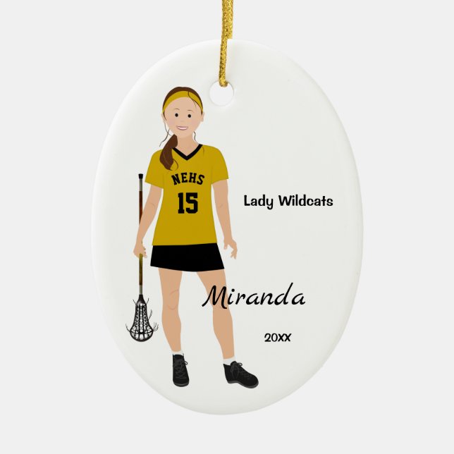 Brünetter Lacrosse Player in Schwarz und Gelb Keramik Ornament (Vorne)