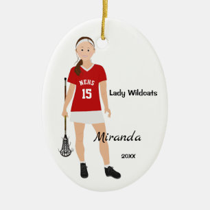 Brünetter Lacrosse-Player, rot und weiß Keramik Ornament