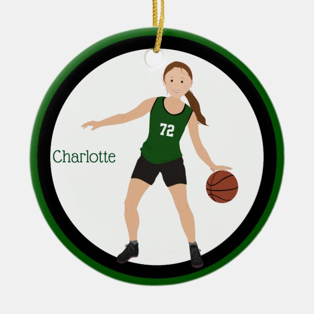Brünetter Mädchen-Basketball-Spieler im Grün und Keramik Ornament (Vorne)