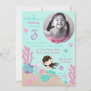Brünetter Mermaid Dritter Geburtstag Einladung