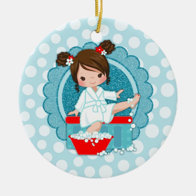 Brünetter Wellness-Center Girl Bubbles Türkis Rote Keramik Ornament (Vorne)