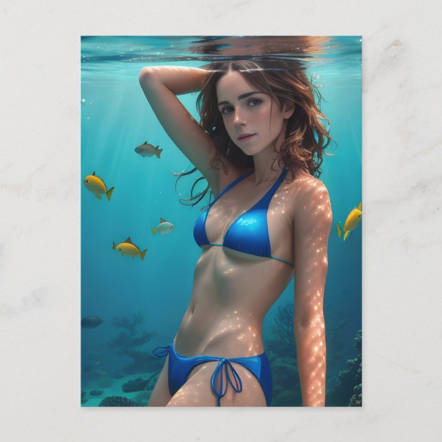 Brünettes Blue Bikini Unterwasser-Foto Postkarte (Vorderseite)