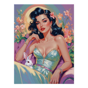 Brünettes Button mit Osterhasen Poster