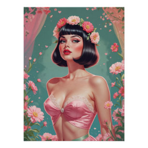 Brünettes Button-Up Bob Hair mit Kragen Rosa Blume Poster