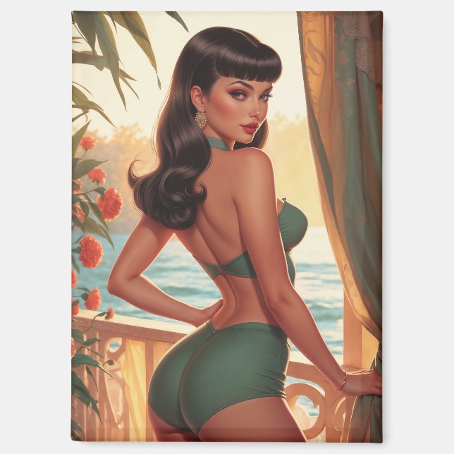 Brünettes Button-Up Green Bikini Seaview Balkon Magnet (Vorderseite)