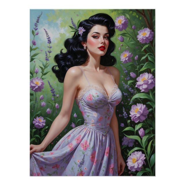 Brünettes Button-Up Lila Blumenkleid Poster (Vorderseite)