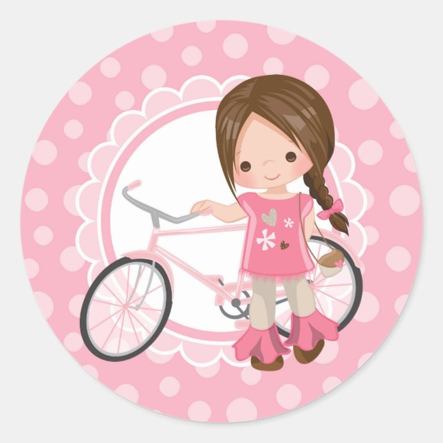 Brünettes Fahrradmädchen - Rosa Weiß Runder Aufkleber (Vorderseite)