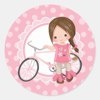 Brünettes Fahrradmädchen - Rosa Weiß Runder Aufkleber