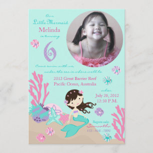 Brünettes Mermaid 6. Geburtstag Einladung