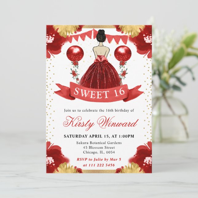 Brünettes Rotes Kleid Prinzessin Sweet 16 Einladung (Stehend Vorderseite)