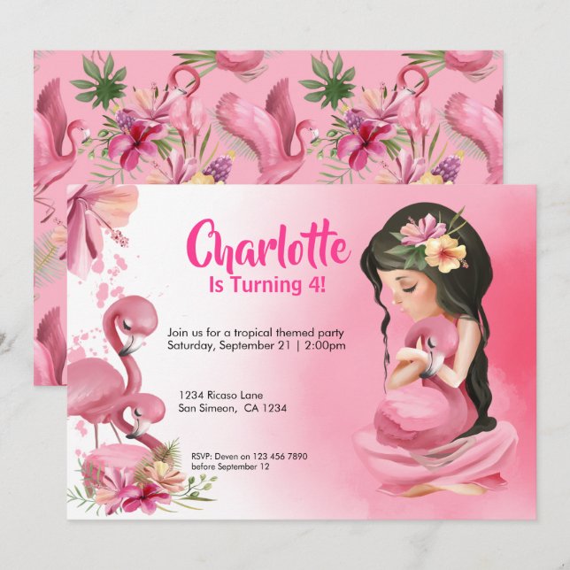 Brünettes tropisches Mädchen Flamingo Geburtstag Einladung (Vorne/Hinten)