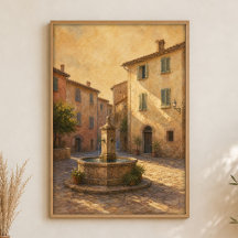 Brunnen auf dem ruhigen Platz Aquarell Poster