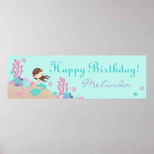Bruntte Mermaid Birthday Banner Poster