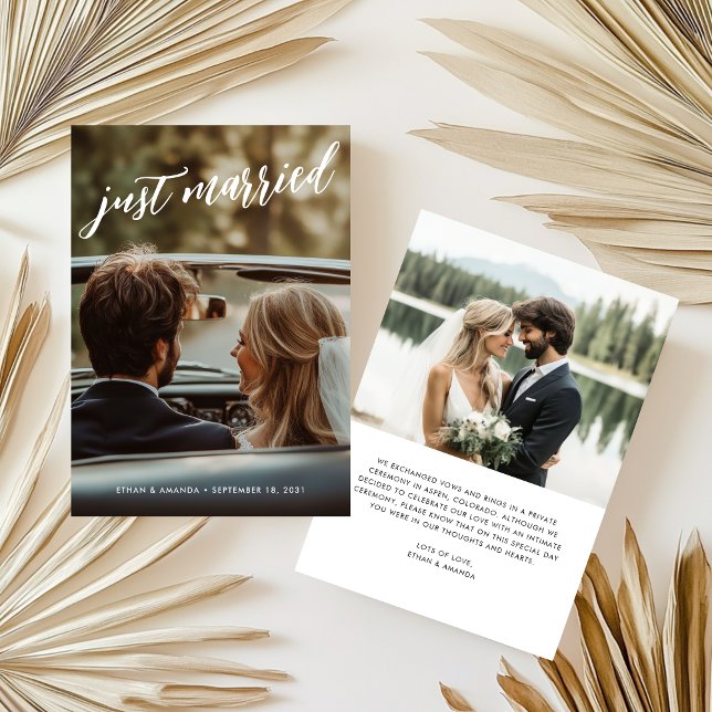 Brush Calligraphy Just Married Foto Elopement Ankündigung (Von Creator hochgeladen)