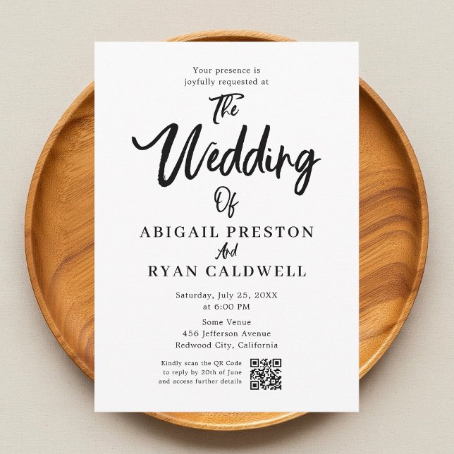 Brush Calligraphy QR Code White Wedding Einladung (Von Creator hochgeladen)