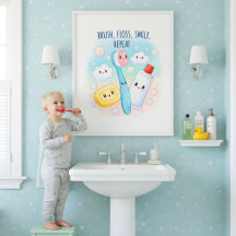 Brush, Floss, Flush, Wash Kids Bathroom Wall Art