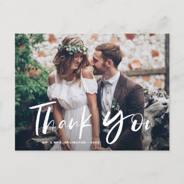 Brush Hand Lettered Foto Wedding Danke Postkarte (Vorderseite)