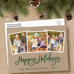 Brush Script 3 Foto Family Holiday Kraft Postkarte<br><div class="desc">Modern Green Brush Script 3 Foto Family Happy Holidays Kraft Postcard</div>
