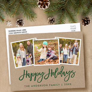 Brush Script 3 Foto Family Holiday Kraft Postkarte