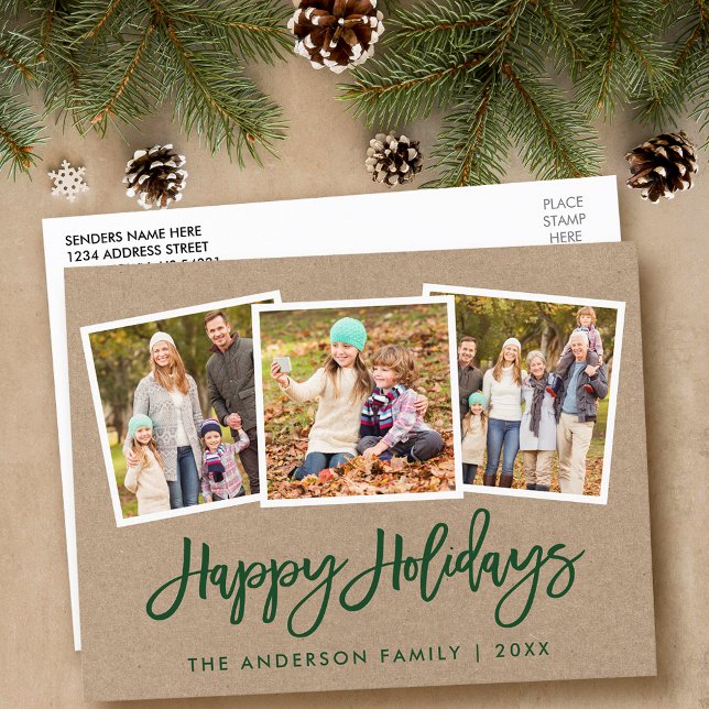 Brush Script 3 Foto Family Holiday Kraft Postkarte (Customize to change your personalized text size or text style.)