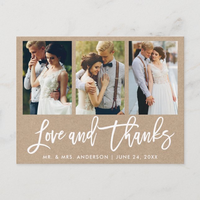 Brush Script 3 Foto Wedding Liebe dank Kraft Postkarte (Vorderseite)