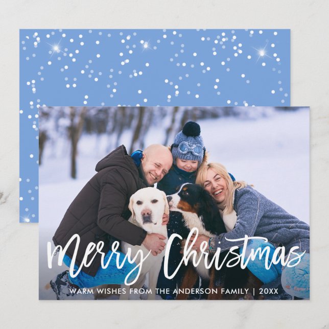 Brush Script Blue Frohe Weihnachts-Familienkarte Einladung (Vorne/Hinten)