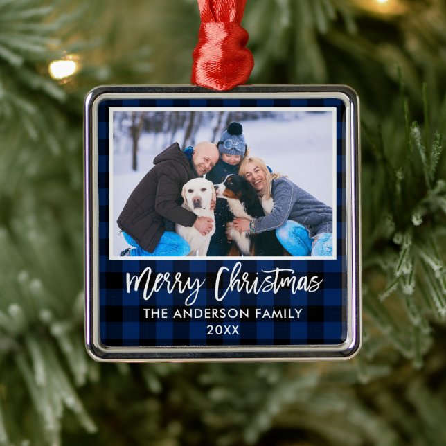 Brush Script Blue Kariert Family Frohe Weihnachten Ornament Aus Metall (Baum)