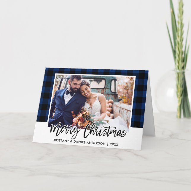 Brush Script Blue Kariert Wedding Foto Weihnachten (Vorderseite)