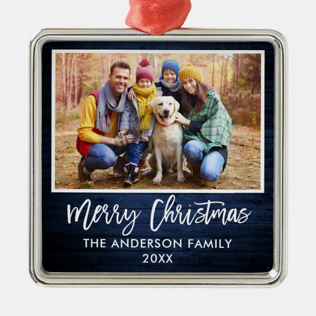 Brush Script Blue Wood Family Frohe Weihnachten Ornament Aus Metall (Vorne)