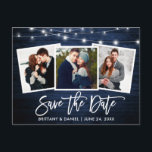 Brush Script Blue Wood Lights Foto Save the Date Postkarte<br><div class="desc">Modernes Pinselskript,  rustikales blaues Holz und String-Leuchten,  Save the Date Verlobung Paar 3 Foto Postkarte</div>