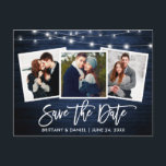 Brush Script Blue Wood Lights Foto Save the Date Postkarte<br><div class="desc">Modernes Pinselskript,  rustikales blaues Holz und String-Leuchten,  Save the Date Verlobung Paar 3 Foto Postkarte</div>