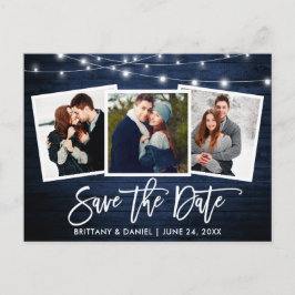 Brush Script Blue Wood Lights Foto Save the Date Postkarte