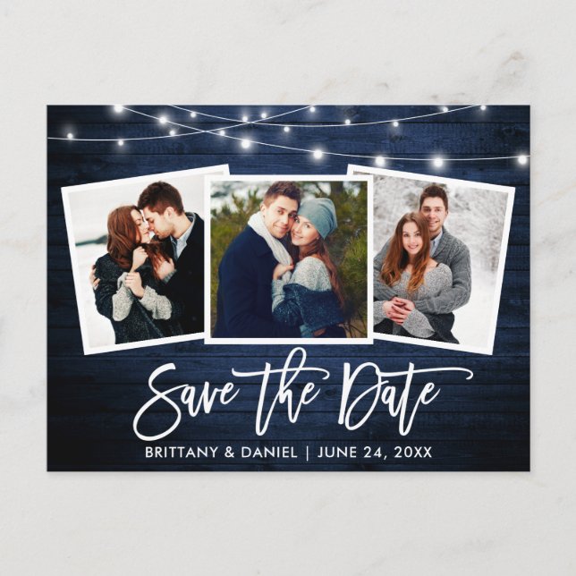 Brush Script Blue Wood Lights Foto Save the Date Postkarte (Vorderseite)
