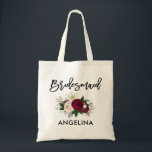 Brush Script Botanische Blumenübergabe Tragetasche<br><div class="desc">Modernes Trendy Pinselschrift Watercolor Burgund Botanisches Blumengrün Bridesmaid Tote Bag</div>