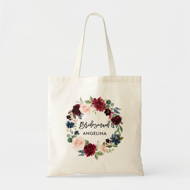 Brush Script Bridesmaid Burgundy Blue Floral Tragetasche (Vorne)