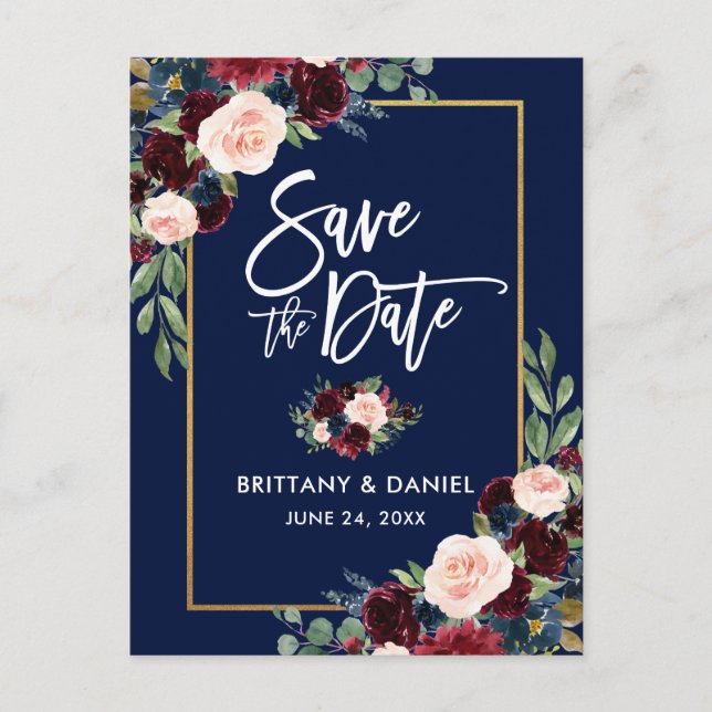 Brush Script Burgundy Blue Floral Save the Date Ankündigungspostkarte (Vorderseite)