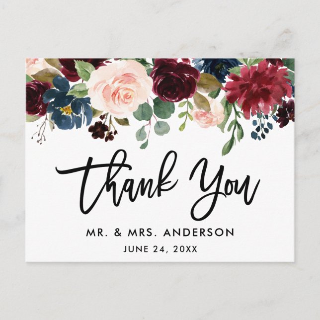 Brush Script Burgundy Blue Floral Wedding Danke Postkarte (Vorderseite)