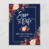 Brush Script Burgundy Floral Save the Date