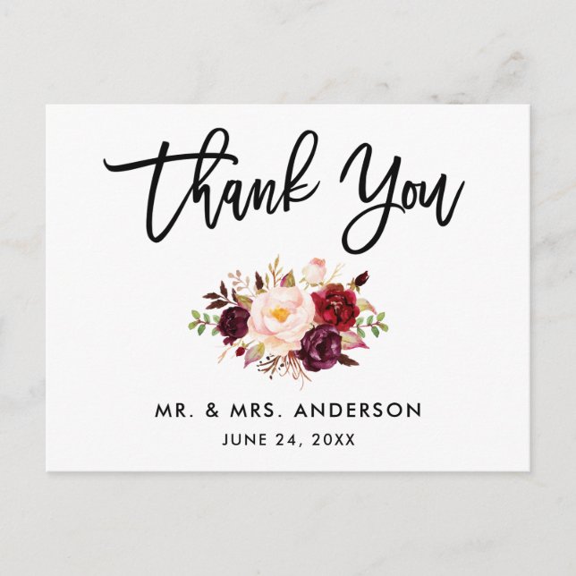 Brush Script Burgundy Wedding Floral Vielen Dank Postkarte (Vorderseite)