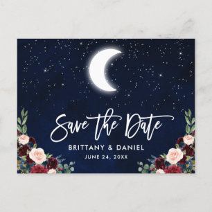 Brush Script Celestial Moon Floral Save the Date Ankündigungspostkarte