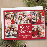 Brush Script Christmas 5 Foto Red Feiertagskarte<br><div class="desc">Modern Brush Script Frohe Weihnachten 5 Foto Collage Holiday Card - Rot</div>