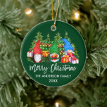 Brush Script Christmas Lights Watercolor Gnomes Keramik Ornament<br><div class="desc">Modern Brush Script Merry Christmas Colorful Fun Watercolor Gnomes Ornament with Pine Trees and String Lights</div>