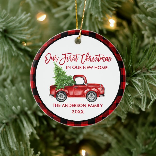 Brush Script Erste Weihnachten Neue Zuhause Truck  Keramik Ornament (Baum)