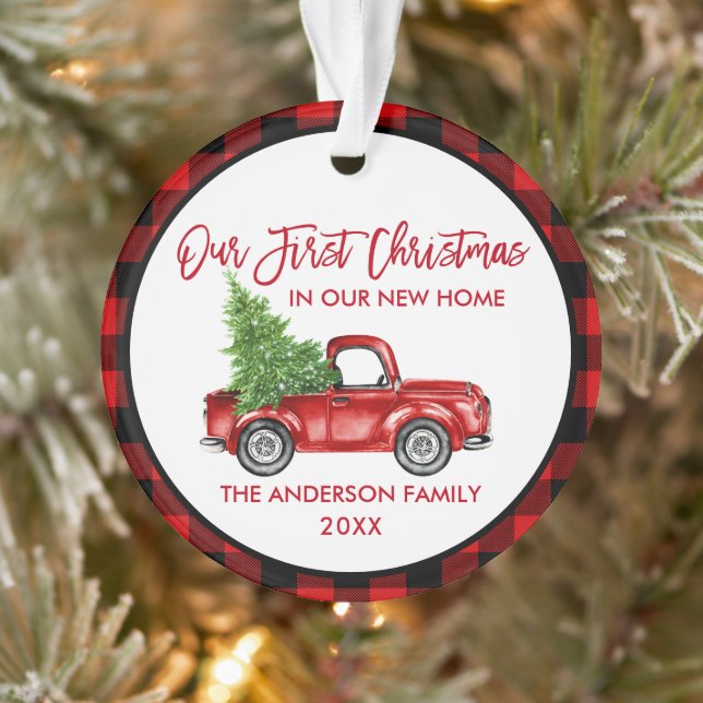 Brush Script Erste Weihnachten Neue Zuhause Truck  Ornament (Baum)